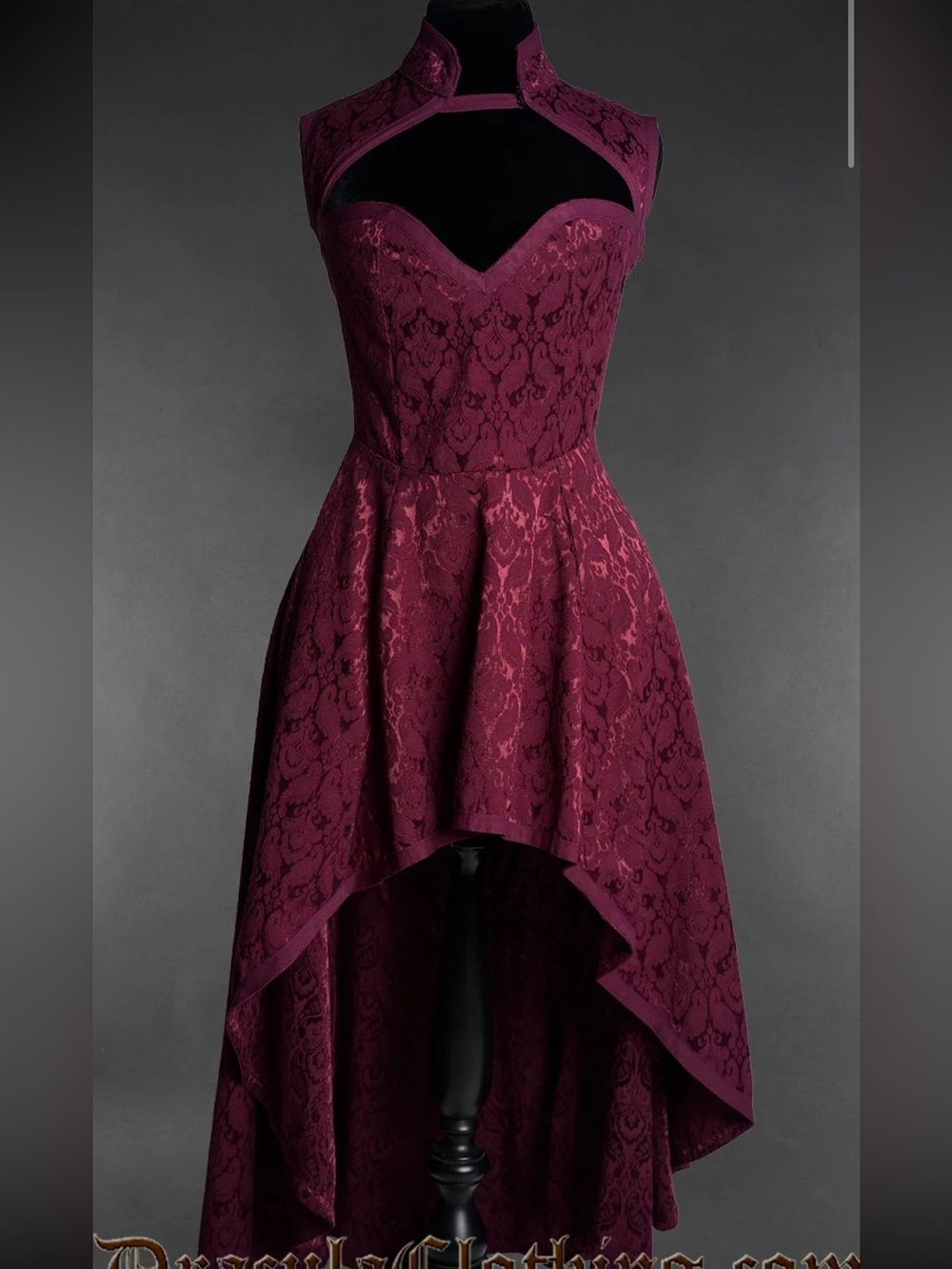 Dracula Clothing Burgundy brocade choker High-Low Dress vampire corset